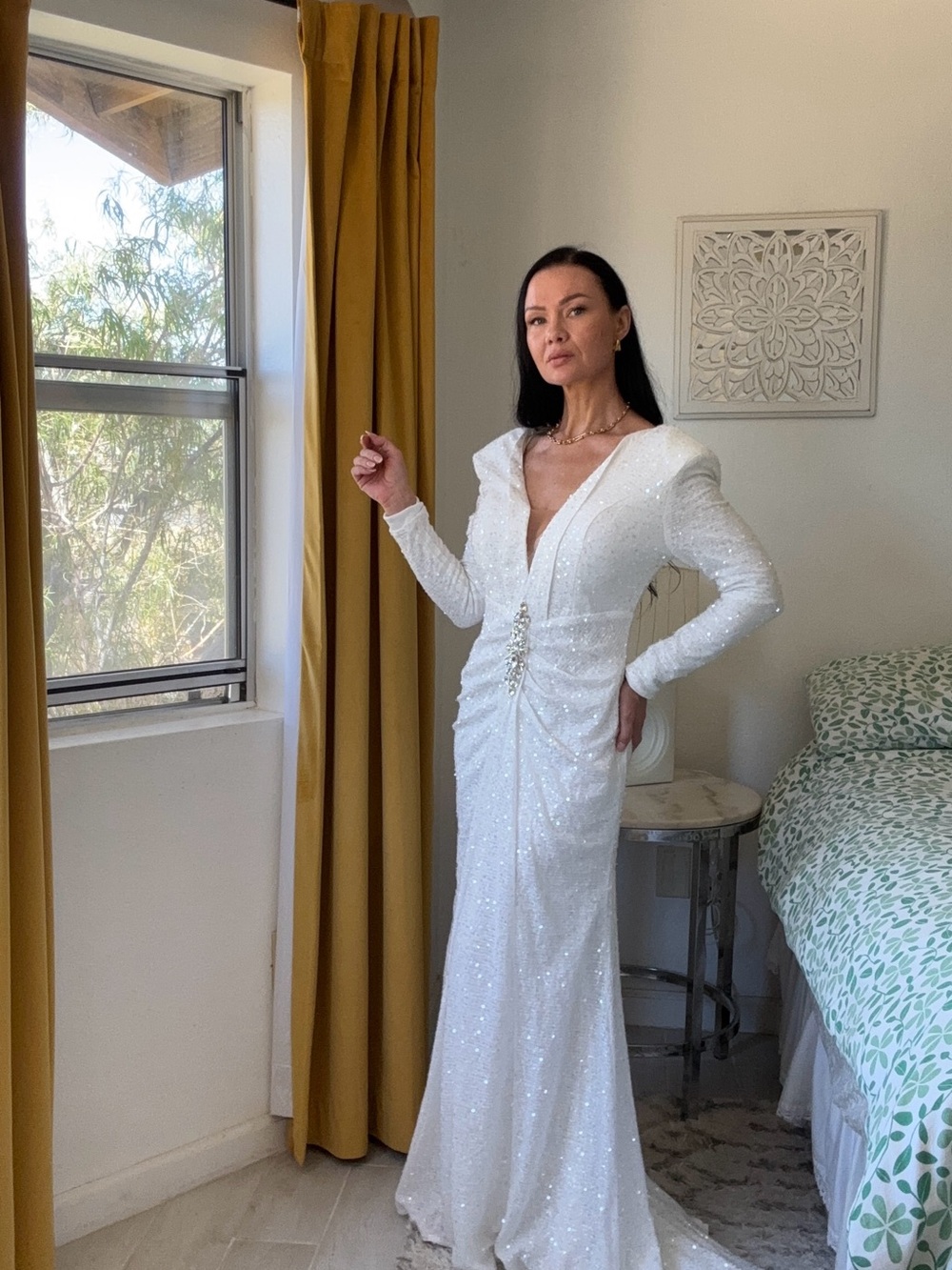 Elegant White Sequin Long-Sleeve Evening Gown